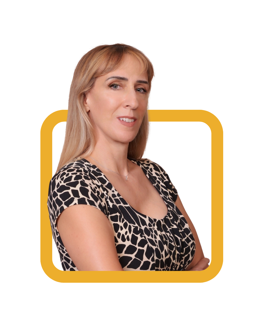 A woman with straight blonde hair is wearing a black and white patterned dress. She is posing with a slight smile and crossed arms. A yellow rectangular frame surrounds her.