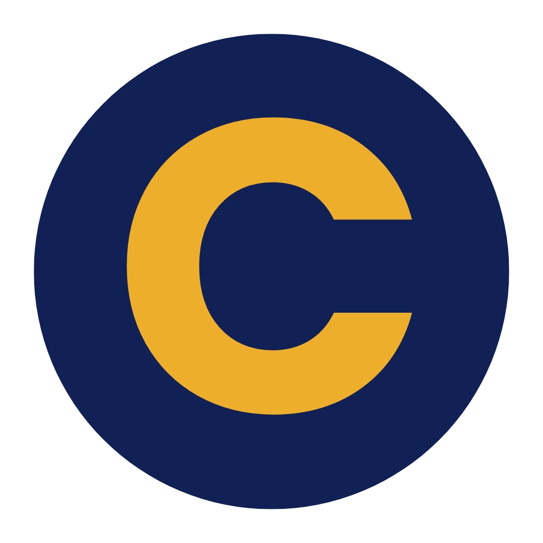 A circular icon with a yellow letter 'C' on a dark blue background.