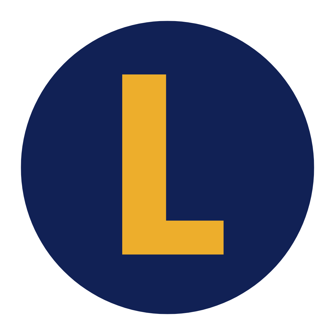 A yellow letter 'L' on a dark blue circular background.
