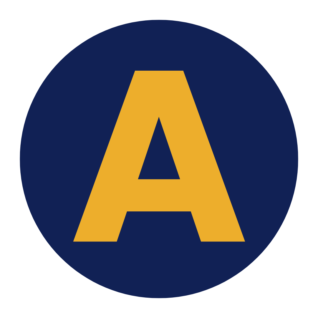 Yellow letter 'A' on a dark blue circle background.