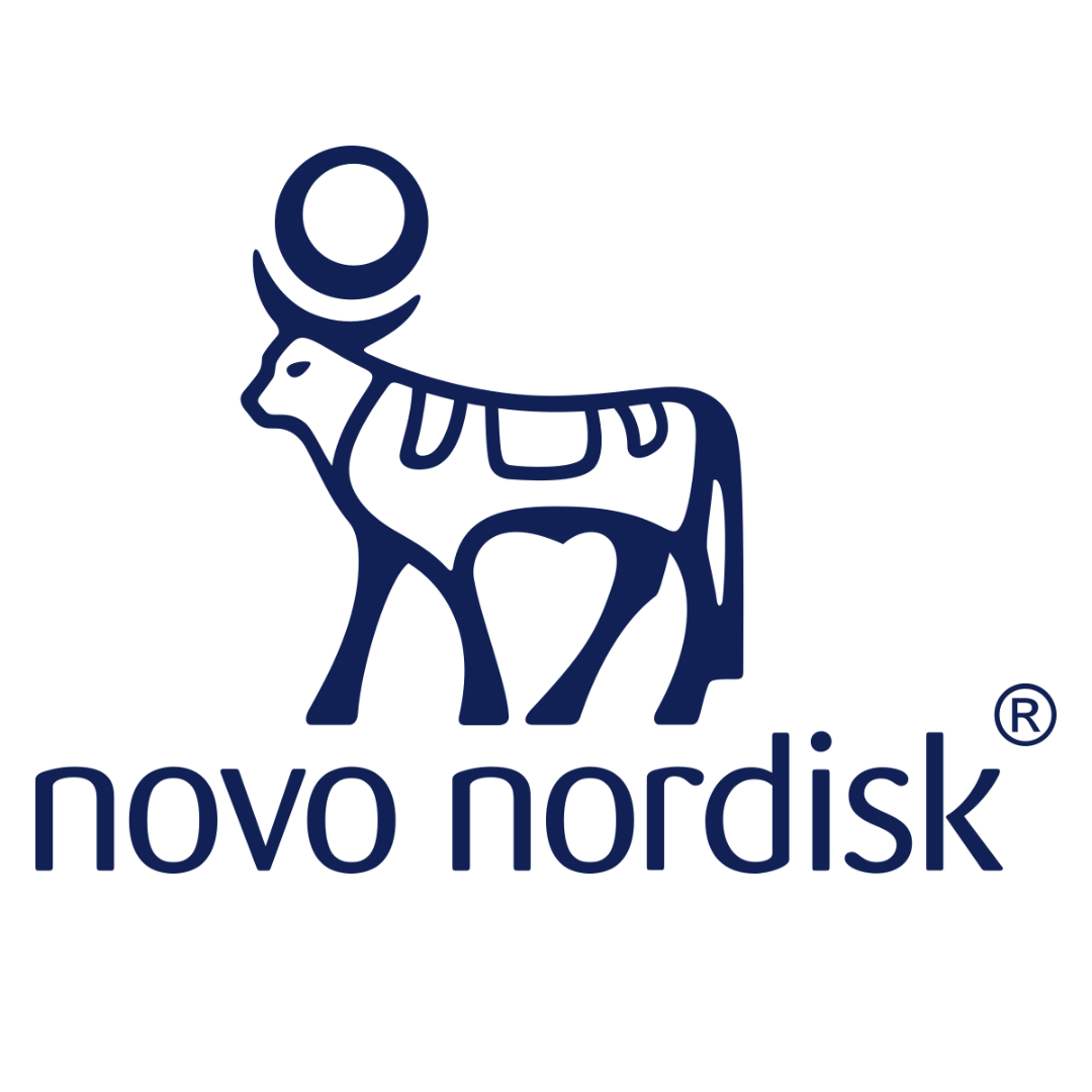 Logo of Novo Nordisk featuring a stylized blue bull with a circle above its head, and the text "novo nordisk" beneath.