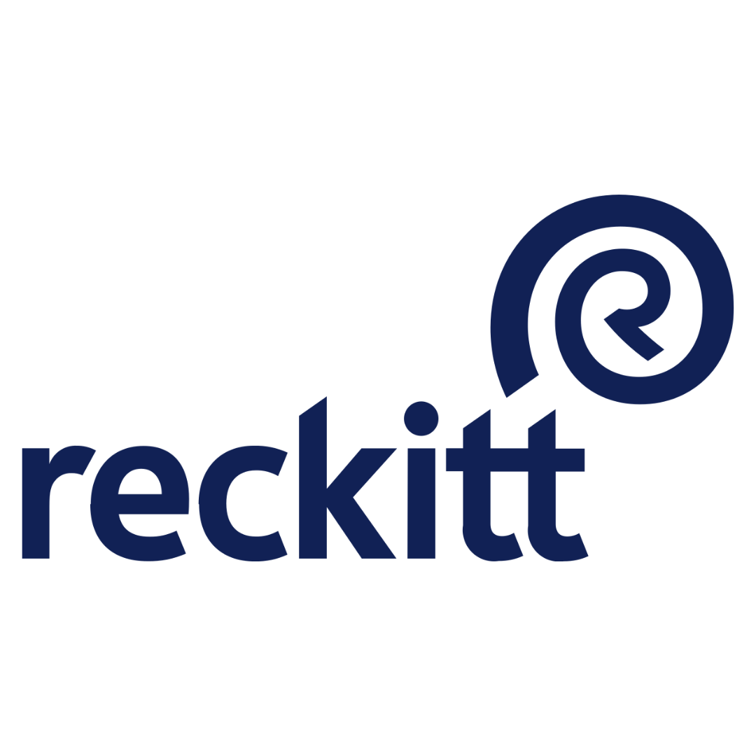 Reckitt logo in dark blue with a stylized spiral design.