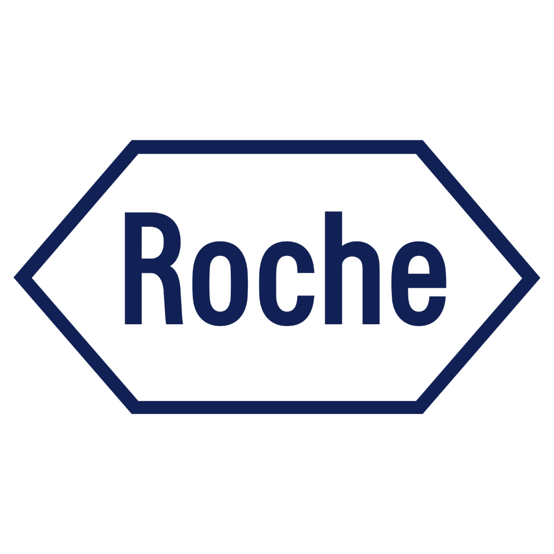 Roche logo, blue text and outline.