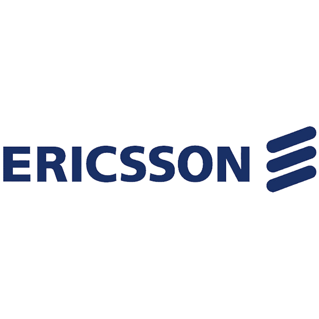 Ericsson logo with blue text and three stylized lines