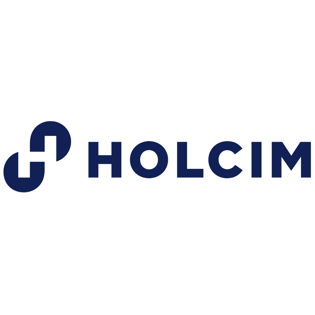 Logo with text 'Holcim' in dark blue and abstract geometric symbol on the left side.