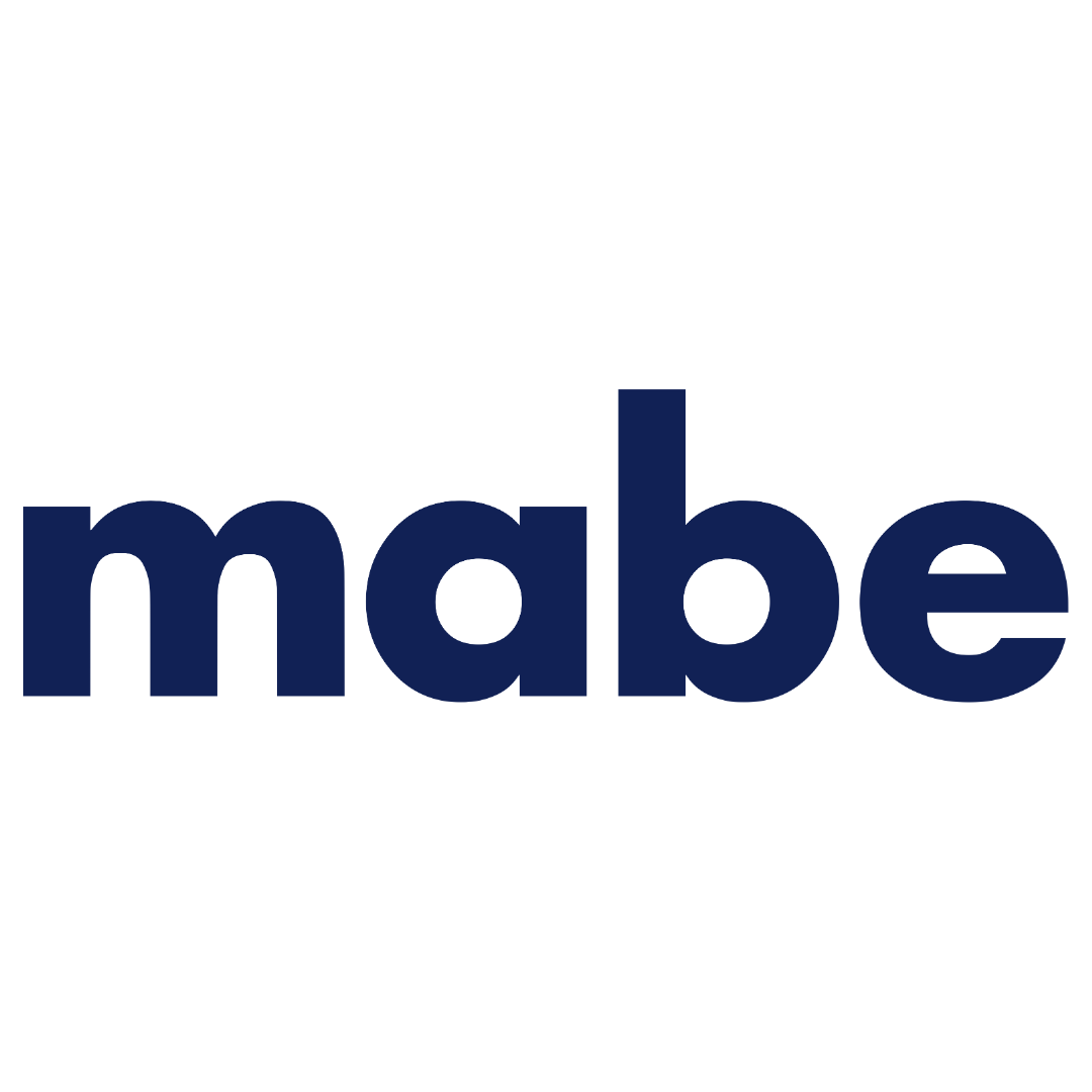 Blue "mabe" logo on a white background.