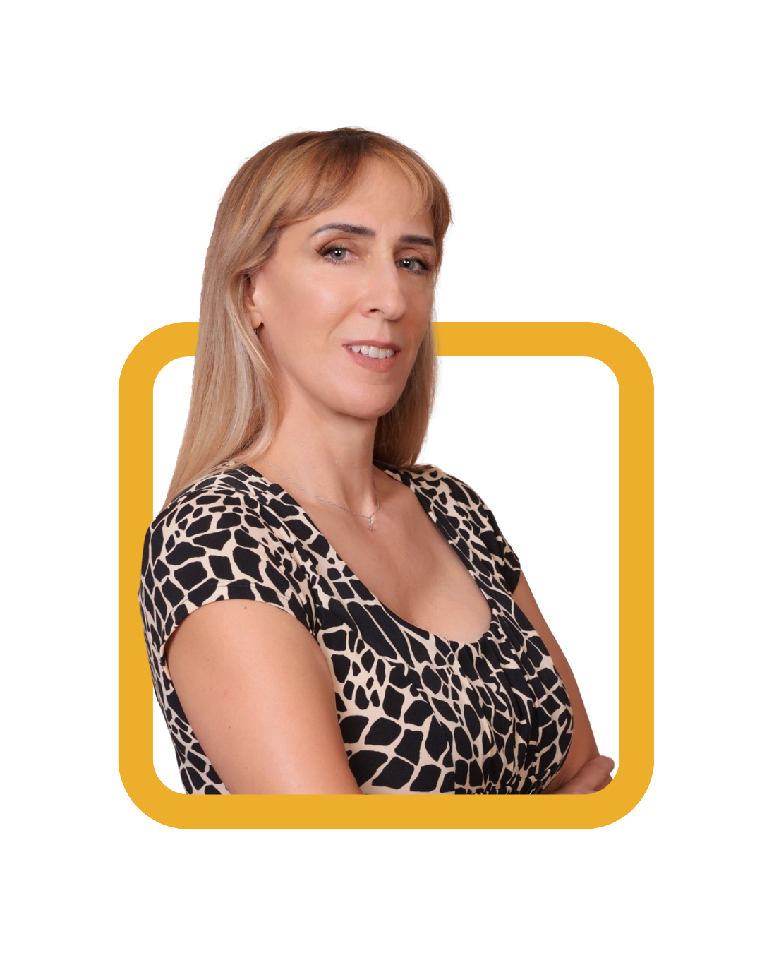 A woman with straight blonde hair is wearing a black and white patterned dress. She is posing with a slight smile and crossed arms. A yellow rectangular frame surrounds her.