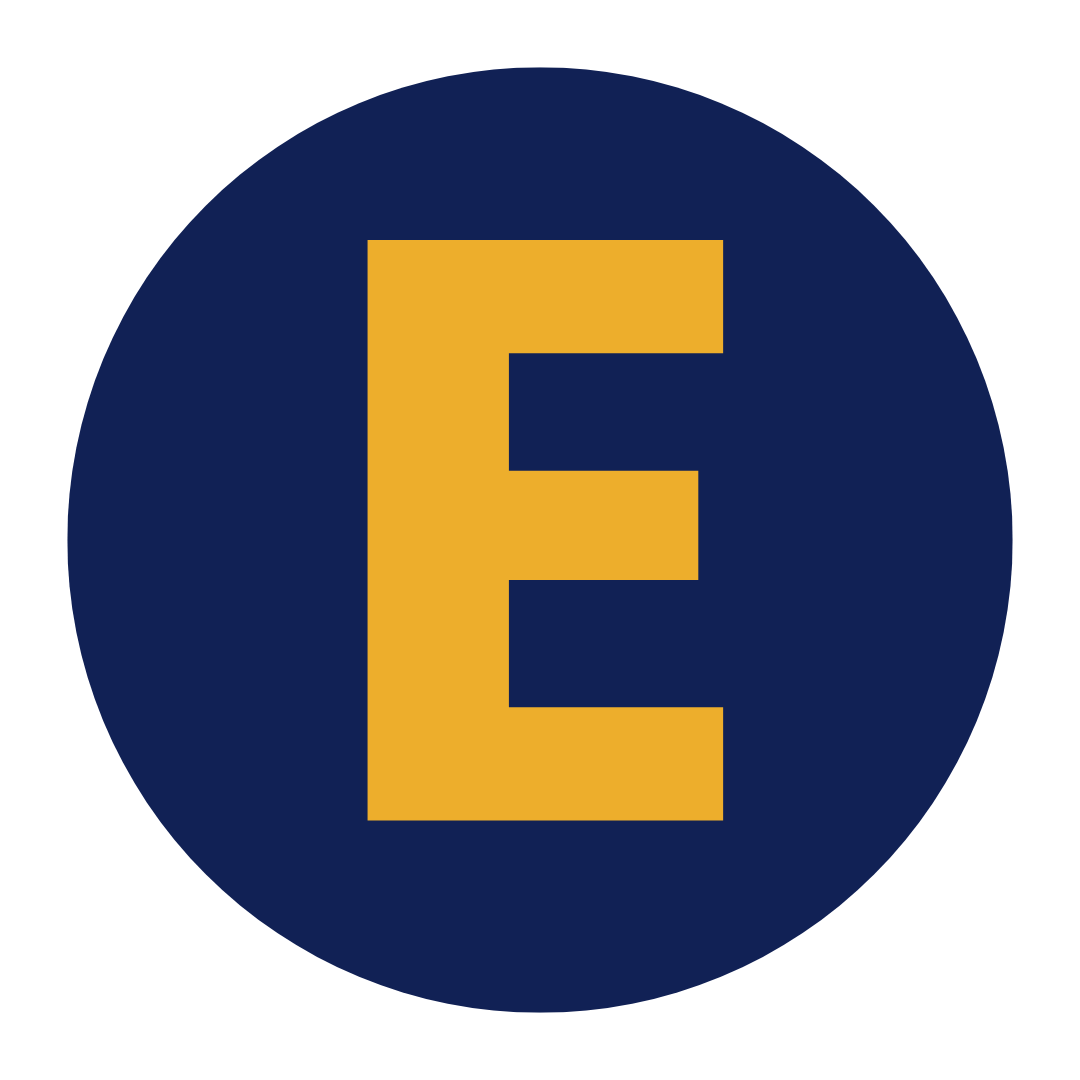 Blue circle with a large yellow letter 'E' in the center