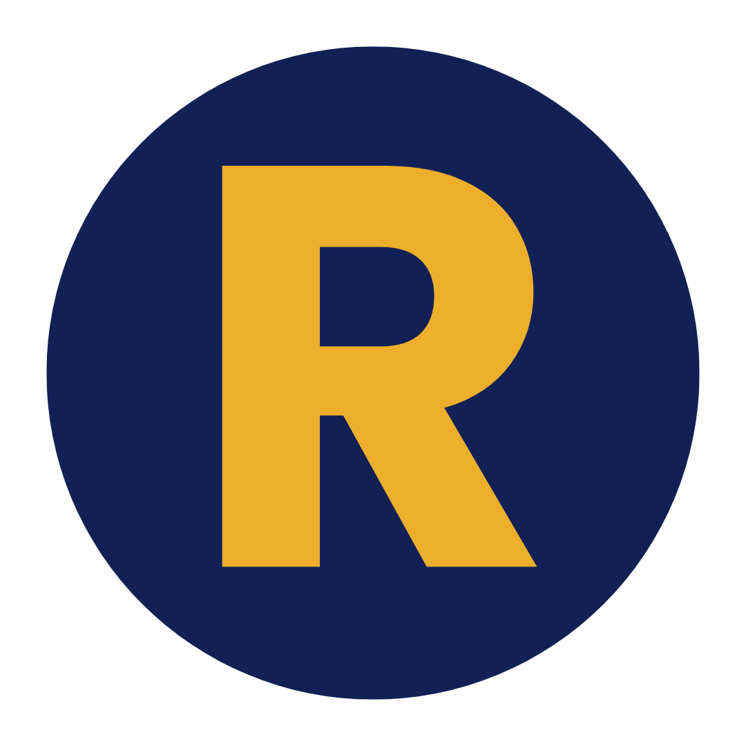 Large yellow letter 'R' on a dark blue circular background.