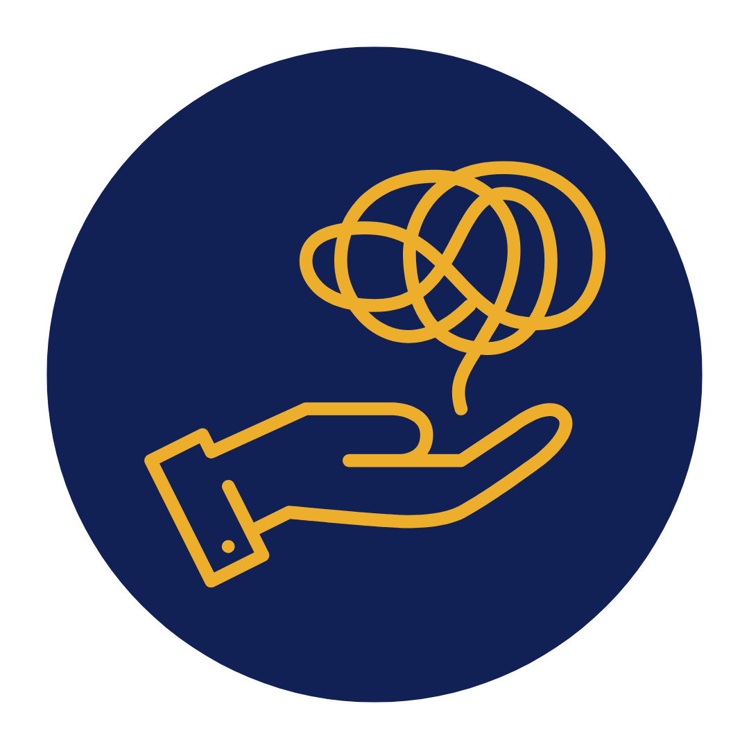 A stylized drawing of a hand holding a brain, symbolizing psychology or mental health, on a dark blue circular background.