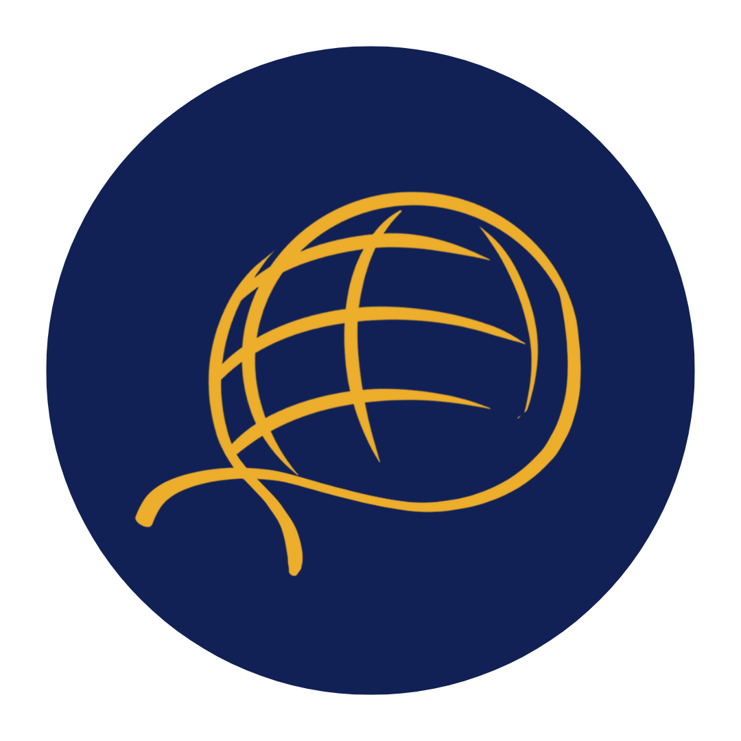 Circular logo with yellow globe-like design on blue background