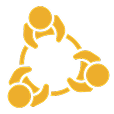 Yellow icon of three abstract human figures forming a triangle