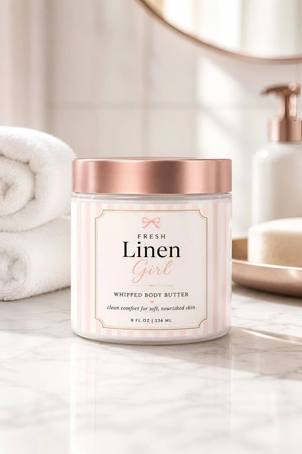 Fresh Linen Girl whipped body butter jar with a white lid on a marble spa counter with soft towels in the background.