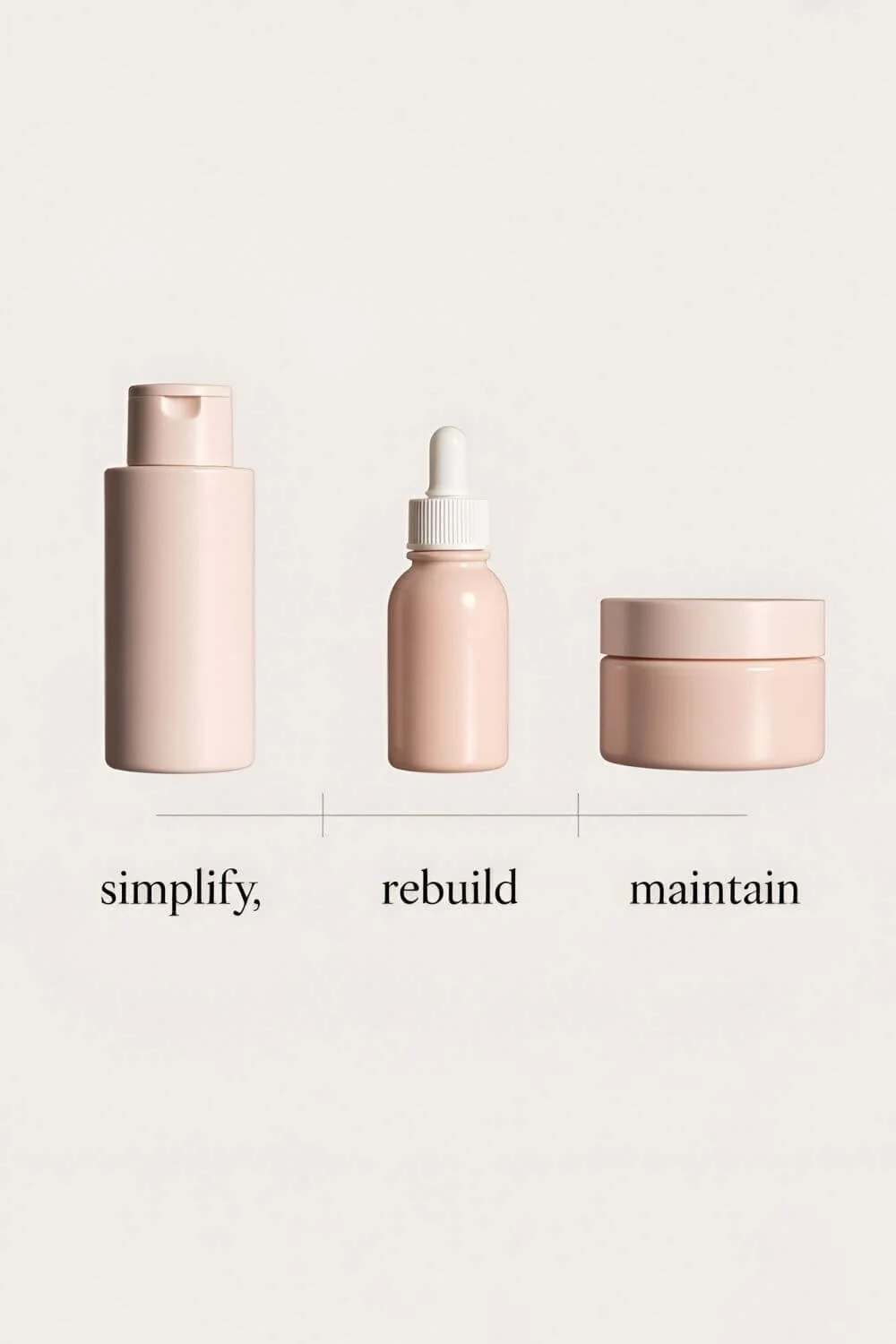 A modern, editorial timeline graphic — three labeled steps “Simplify,” “Rebuild,” “Maintain” — each represented by minimalist skincare items (cleanser, serum, moisturizer). Warm blush tones, airy layout.