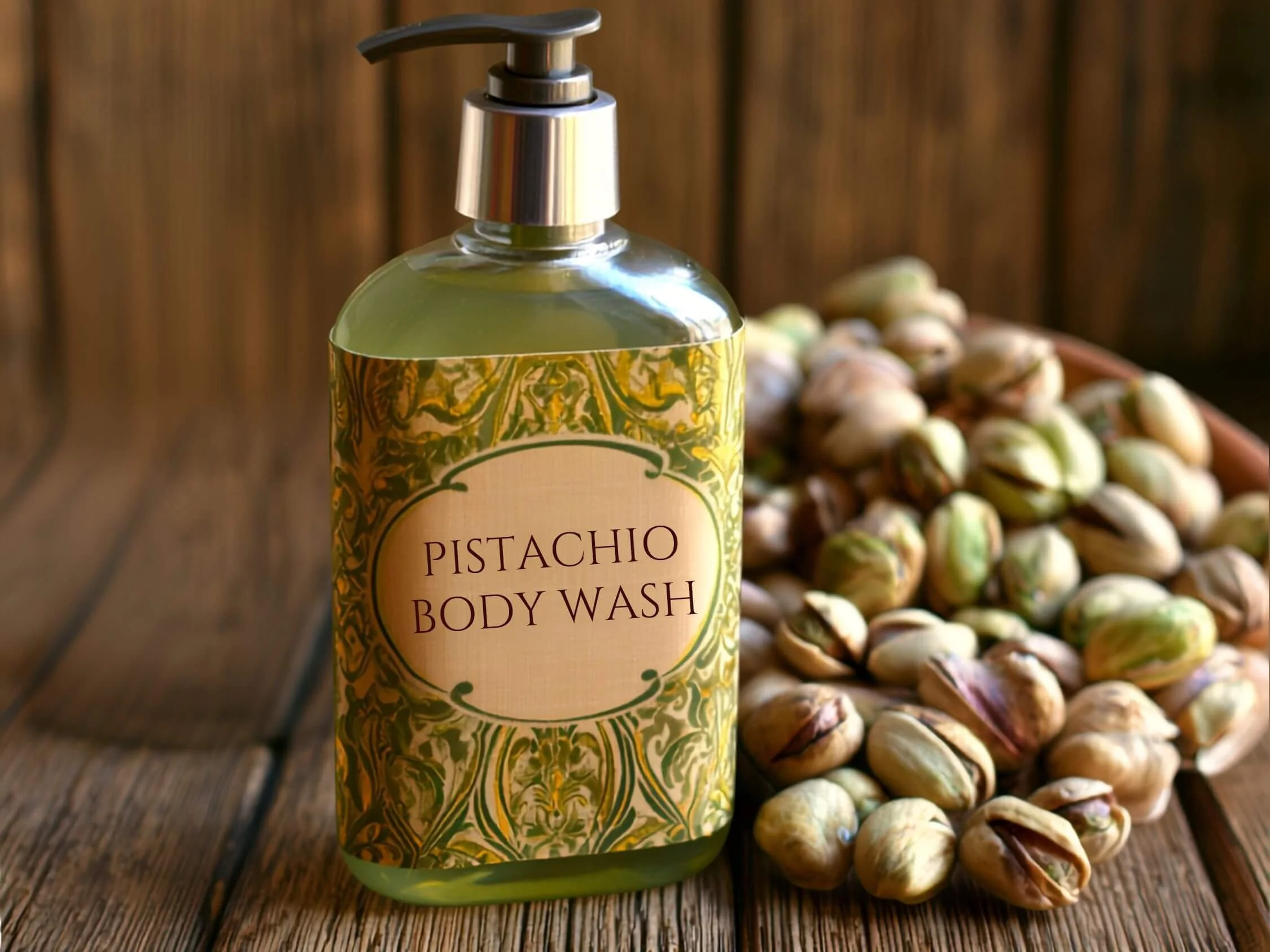 Clear pump bottle of pistachio body wash labeled "Pistachio Body Wash" on a dark wooden background, surrounded by whole in-shell pistachios.