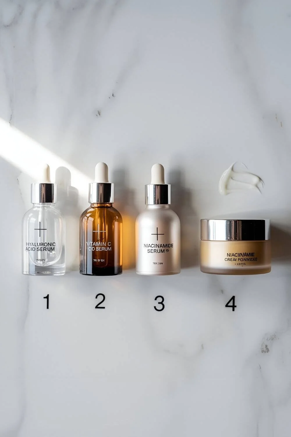 A skincare layering flat lay — three serums and one cream arranged in order from thinnest to thickest, arrows or numbers showing layering order.
