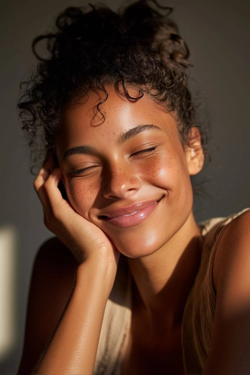 A serene image of a woman smiling in natural light, glowing healthy skin, confidence and authenticity. Neutral tones, no heavy makeup.
