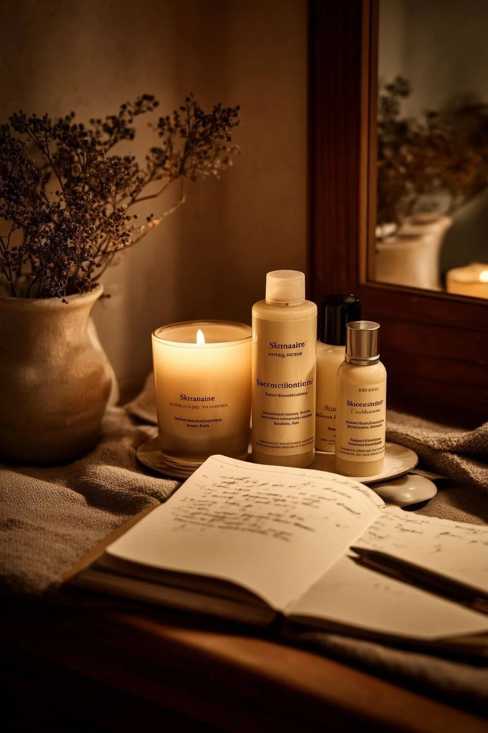 A cozy nighttime vanity shot — candle, plant, skincare bottles, and an open notebook with handwritten text “Skincare, with Intention.” Warm beige tones, calm and reflective atmosphere.