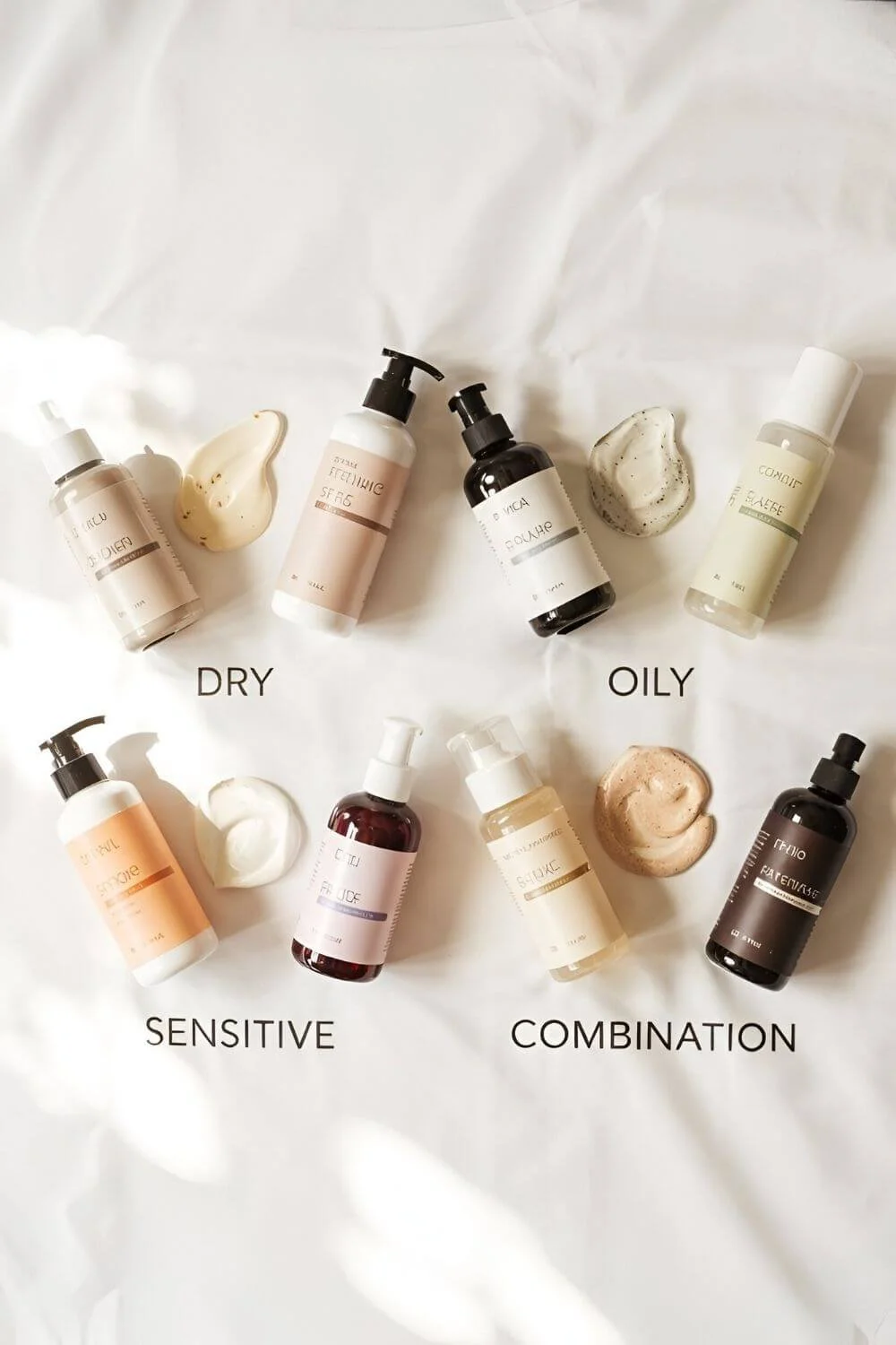 A flat lay of skincare routines arranged in four labeled mini setups: “Dry,” “Oily,” “Sensitive,” “Combination.” Each group with 3–4 products, balanced composition, bright soft daylight.