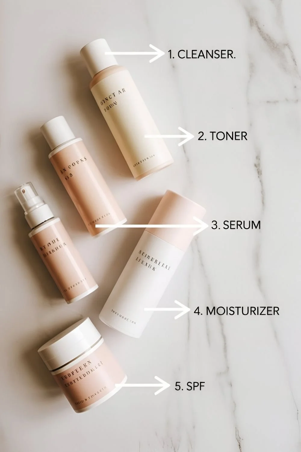 A top-down visual guide — five labeled skincare steps in order (Cleanser, Toner, Serum, Moisturizer, SPF), arranged neatly with arrows. Creamy whites, blush tones, airy composition.