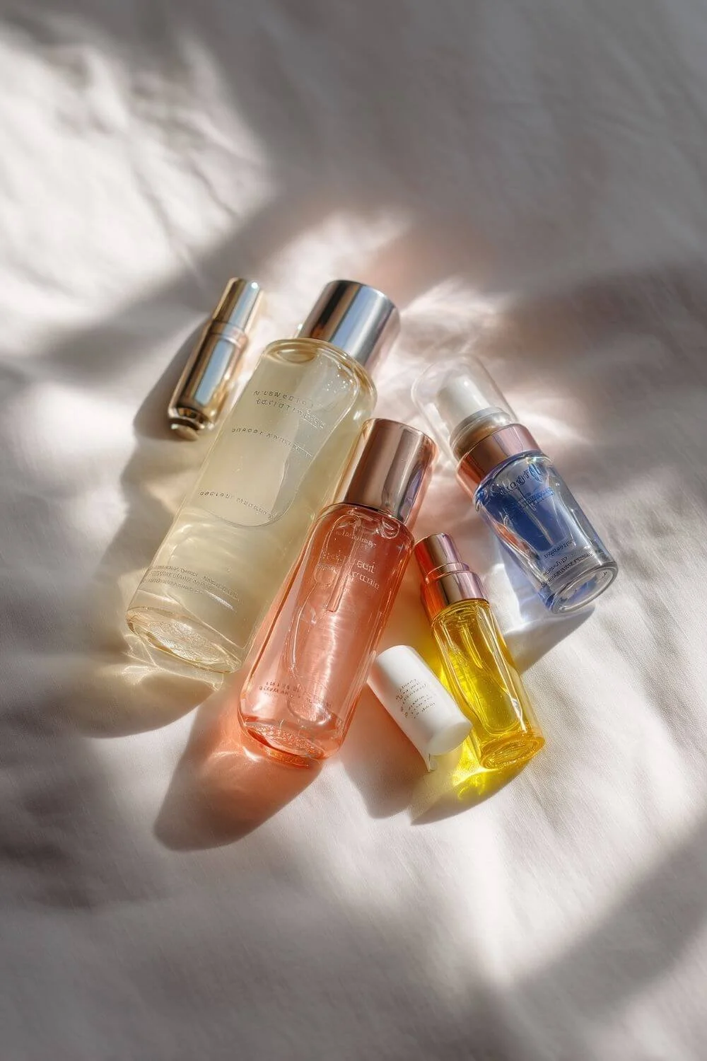 Flat lay of skincare bottles and serums in clear glass with gold caps on a soft white fabric background in warm sunlight.