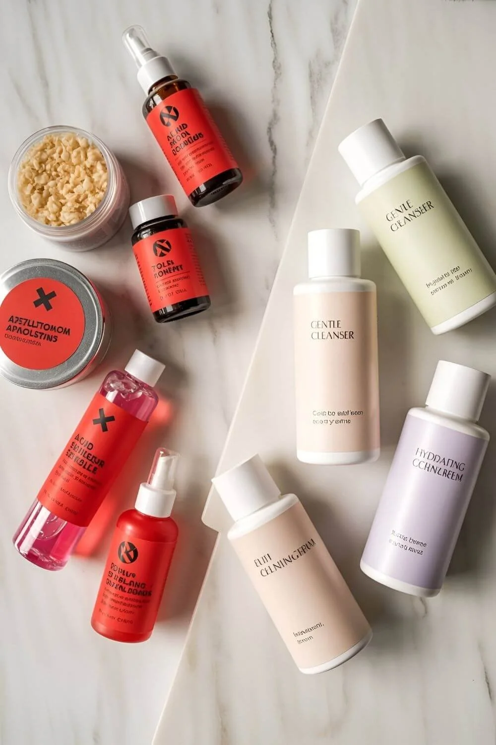 A flat lay of harsh products with warning labels or red Xs (like scrubs, acids, and toners), next to gentle, minimal skincare bottles. Light background with subtle contrast — educational but aesthetic.