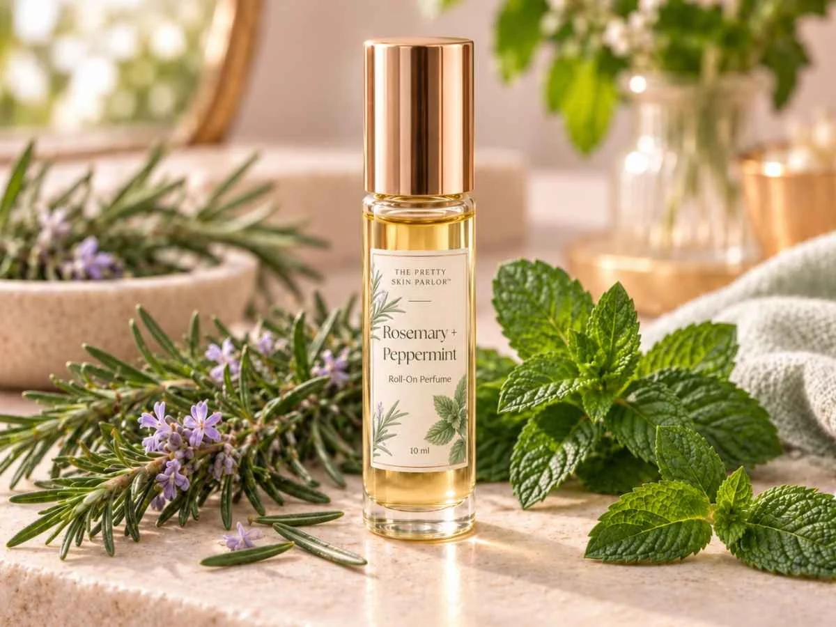 Handcrafted Rosemary Peppermint Roll-On Perfume Oil bottle surrounded by fresh rosemary and mint.