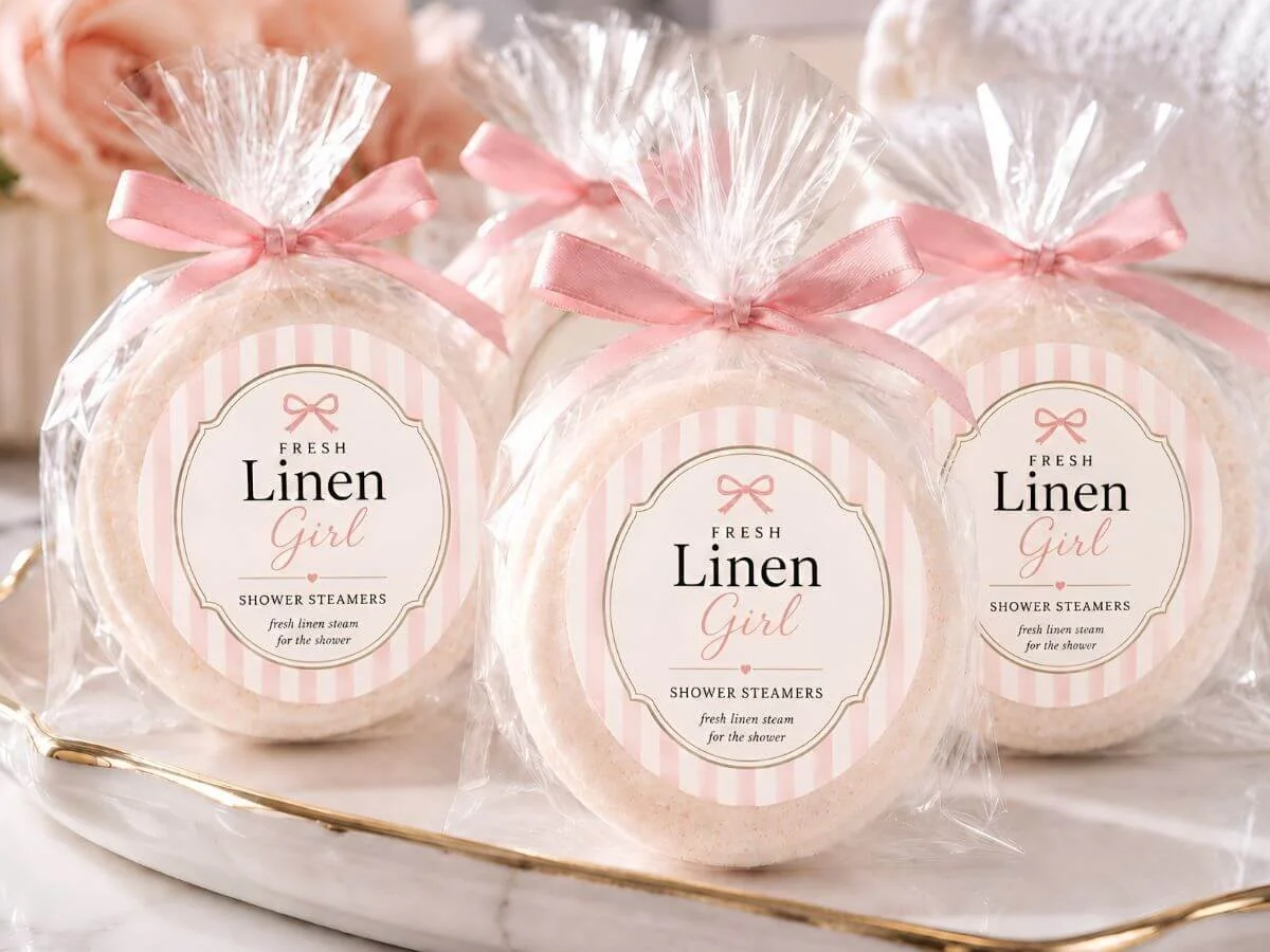Wrapped Fresh Linen Girl shower steamers with round pink labels and ribbon accents on a soft spa tray.