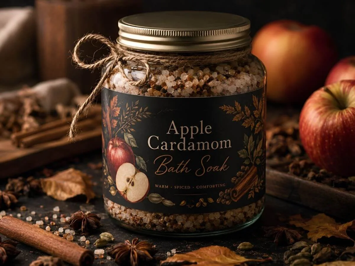 Glass jar of Apple Cardamom Bath Soak with a black label on a rustic wooden surface, surrounded by fresh apples, cardamom pods, and autumn leaves.