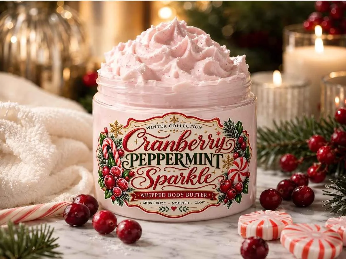 Jar of fluffy pink Cranberry Peppermint Sparkle whipped body butter with a vintage holiday label on a marble countertop, surrounded by fresh cranberries, peppermint candies, and festive greenery.