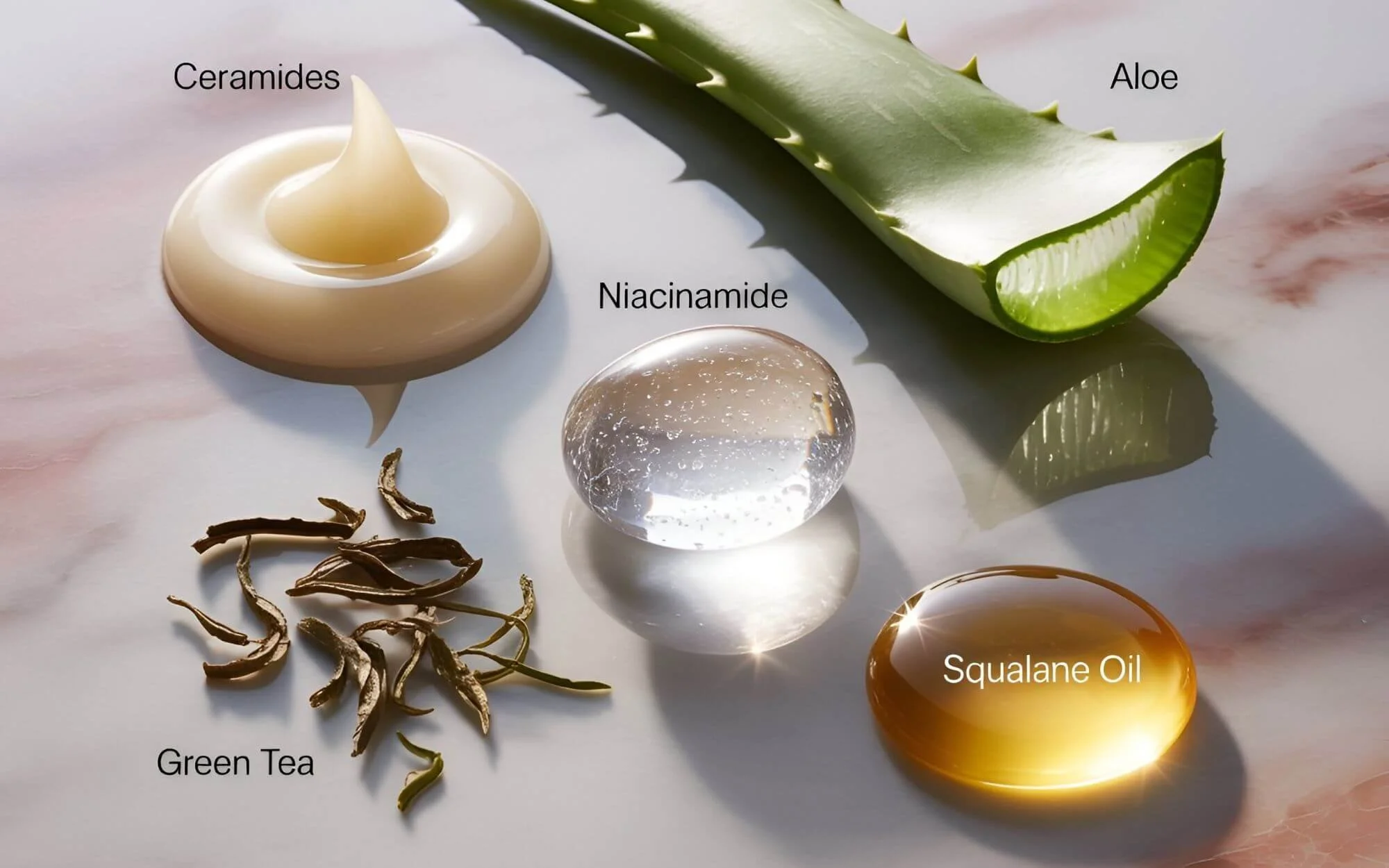 Skincare ingredients displayed on a light surface, including ceramides cream, niacinamide gel, aloe vera leaf, squalane oil, and dried green tea leaves, each labeled by name.