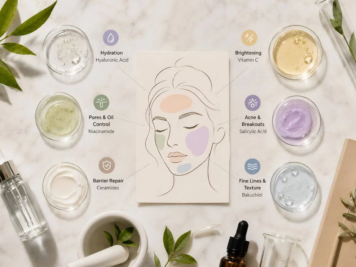 Skincare ingredients matched to hydration, brightening, acne, pores, barrier repair, and fine lines.