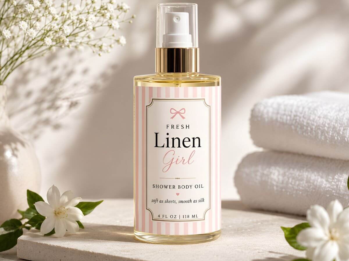 Fresh Linen Girl Shower Body Oil spray bottle with pale golden oil, pink-and-cream label, white towels, and soft floral accents in a clean spa-style setting.