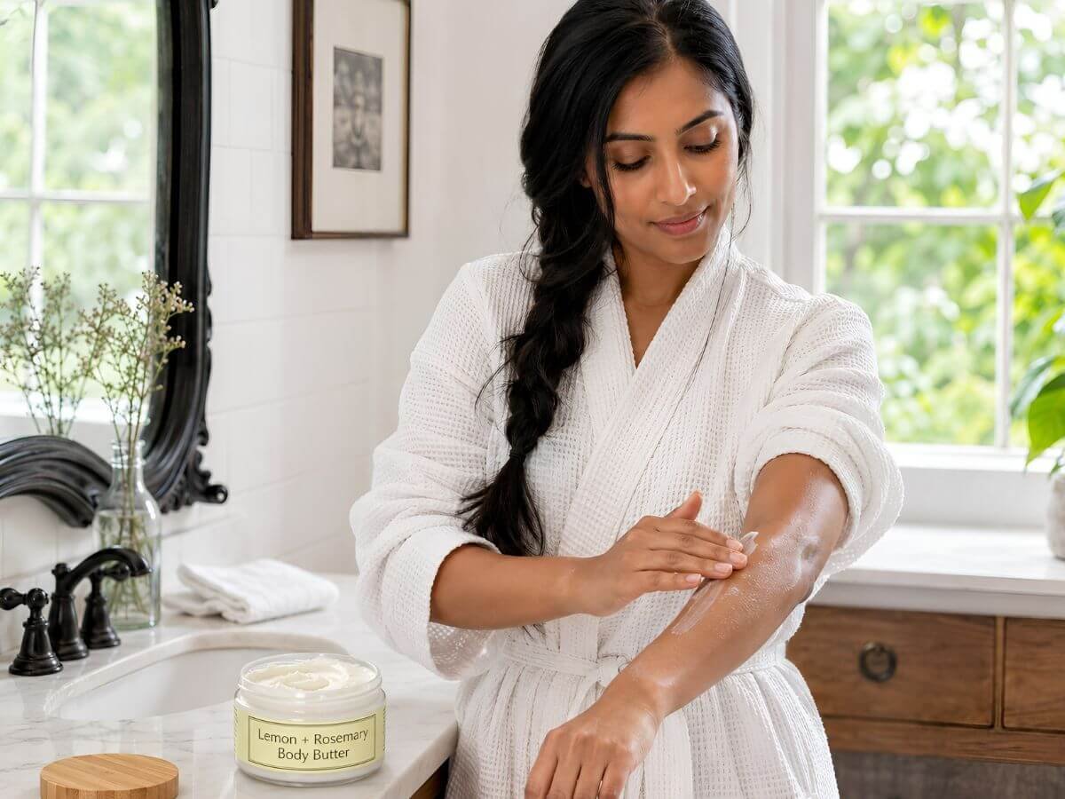 A woman in a white robe applies homemade Lemon + Rosemary Body Butter to her forearm in a bright bathroom, with the labeled jar open on the countertop beside her.