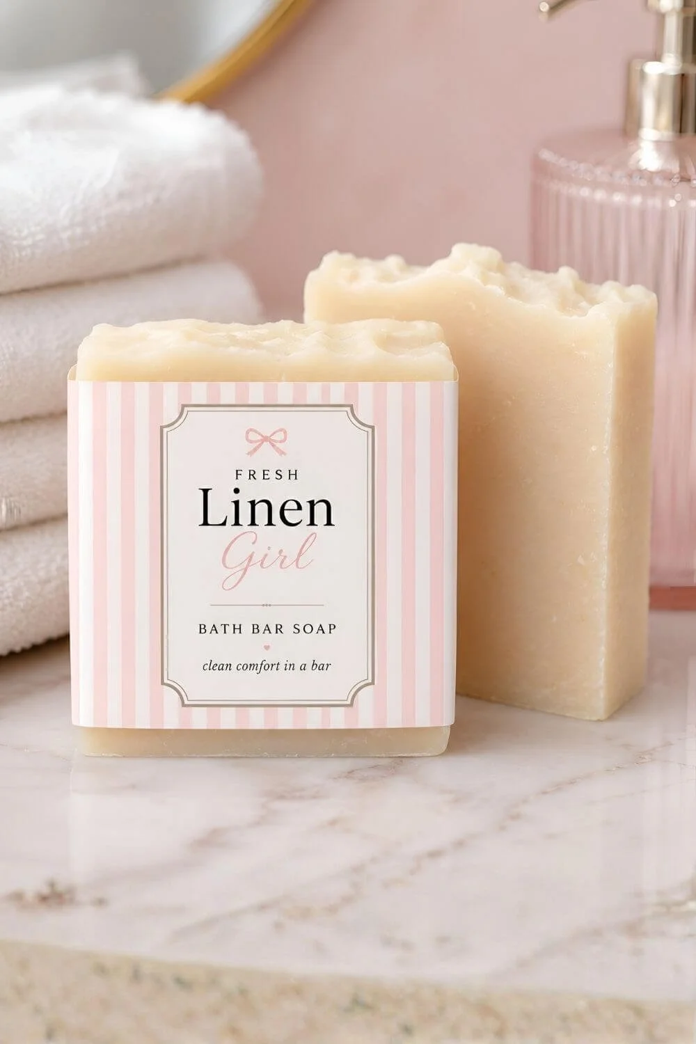 Fresh Linen Girl bath bar soap with a pink striped label, soft white towels, and a blush bathroom vanity background.