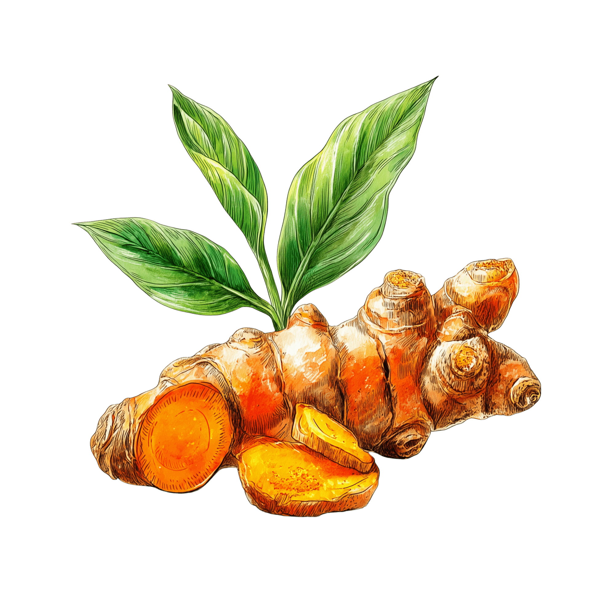 Illustration of a turmeric root with bright orange sliced pieces and green leaves, set against a black background.