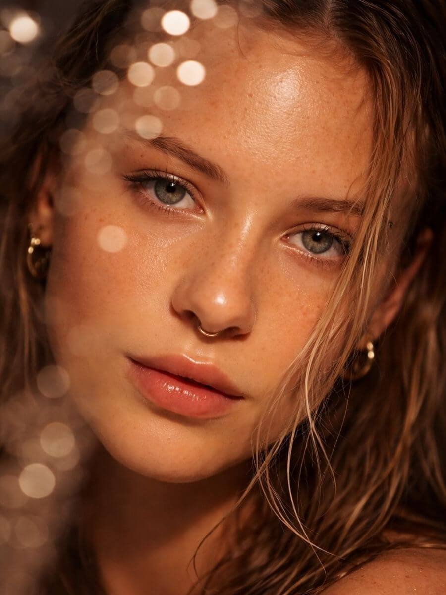 Close-up of a young woman with freckles, blue eyes, and light brown hair. She has a septum piercing, small hoop earrings, and a subtle, natural makeup look. Blurred warm-colored lights are in the foreground.