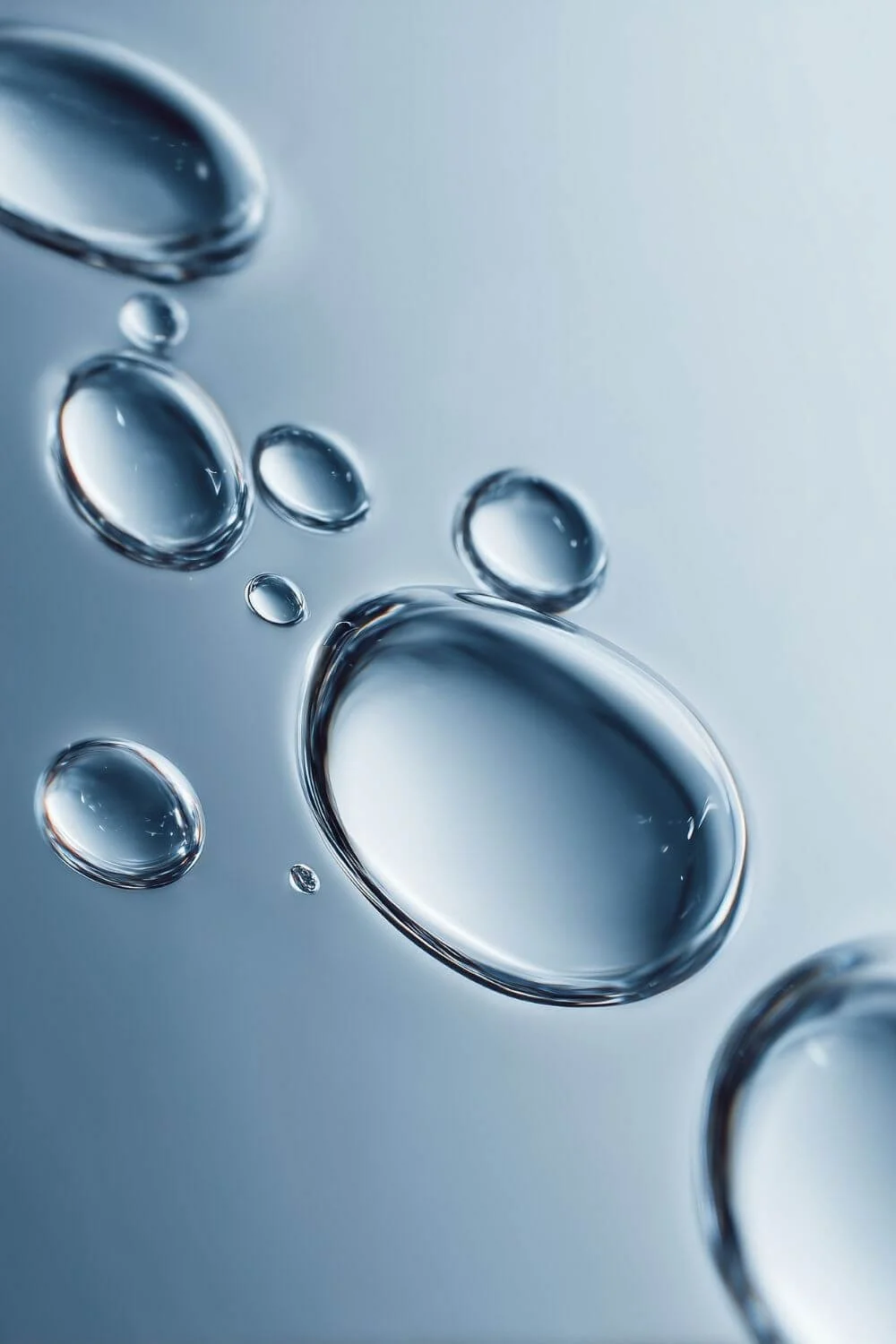 An editorial-style macro of water droplets gliding across smooth, hydrated skin. Soft reflections, minimal shadows, scientific yet artistic lighting.