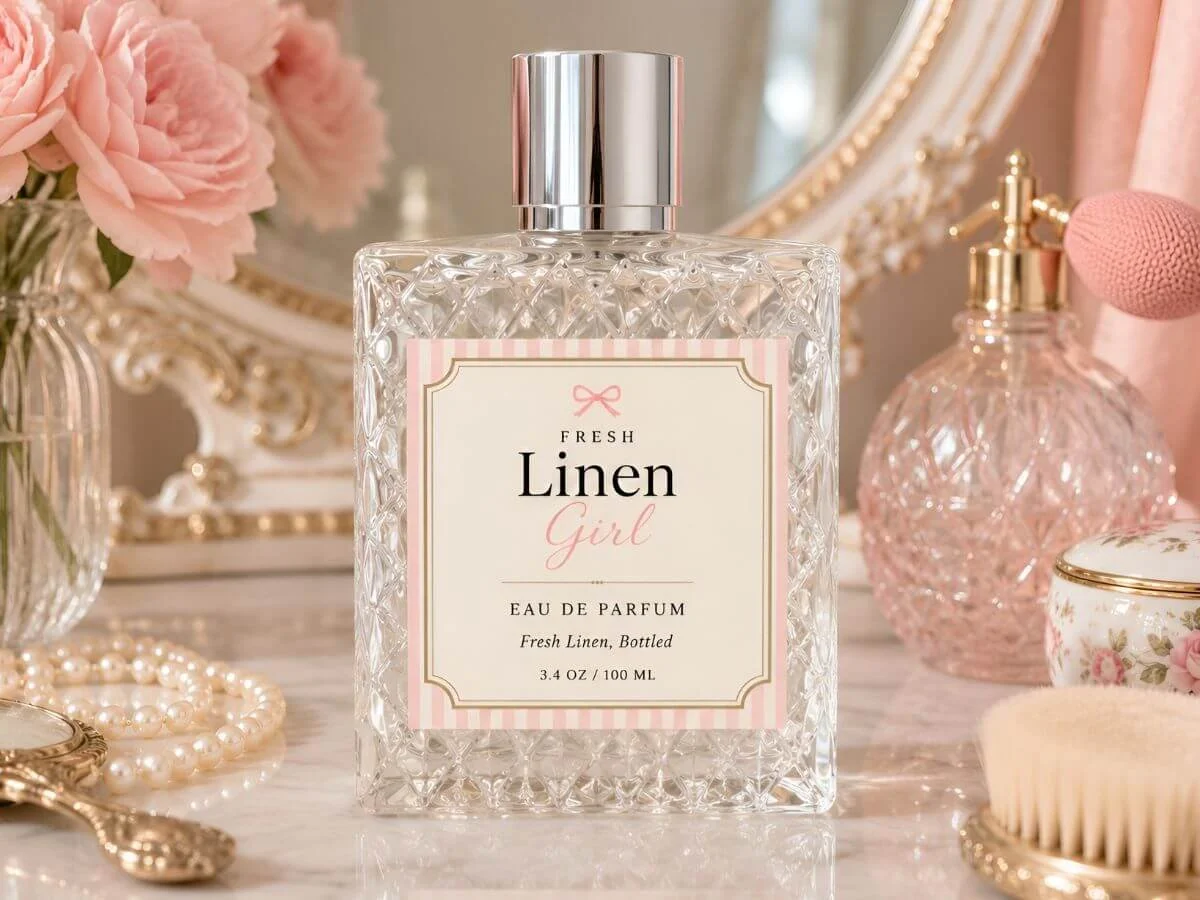 Fresh Linen Girl Eau de Parfum bottle on a vintage vanity with pink roses, pearls, and beauty accessories.