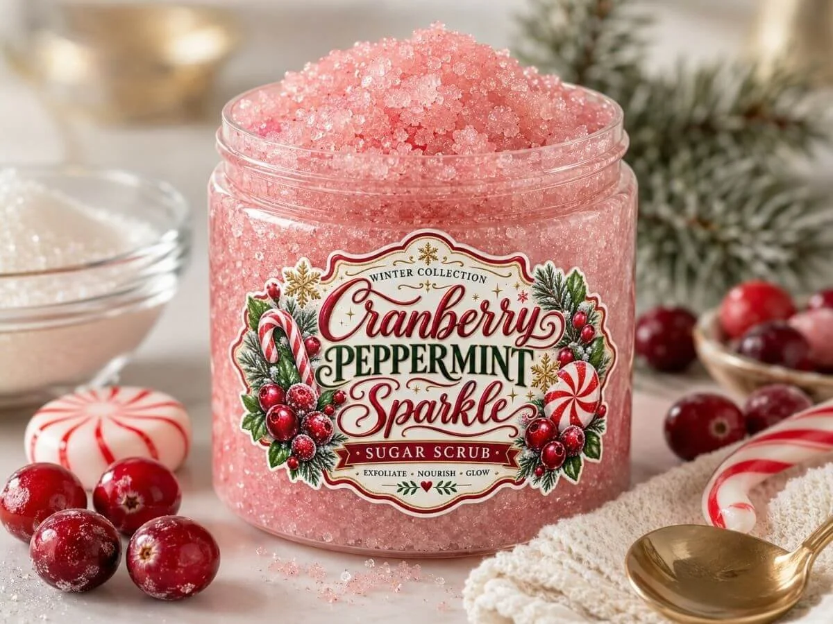 Jar of sparkling pink Cranberry Peppermint Sparkle sugar scrub with a vintage winter label, surrounded by white sugar crystals and fresh cranberries.