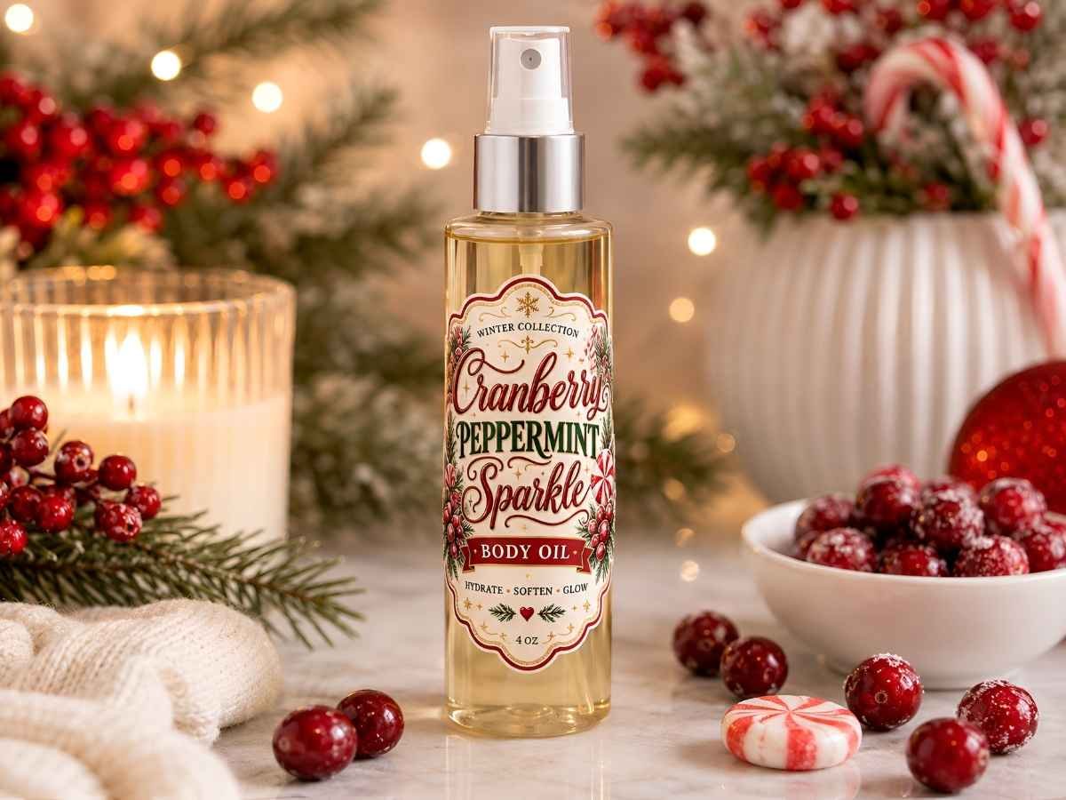 Clear bottle of DIY Cranberry Peppermint Sparkle body oil with a vintage Winter Collection label on a festive holiday backdrop with fresh cranberries, candy canes, and glowing candle light.
