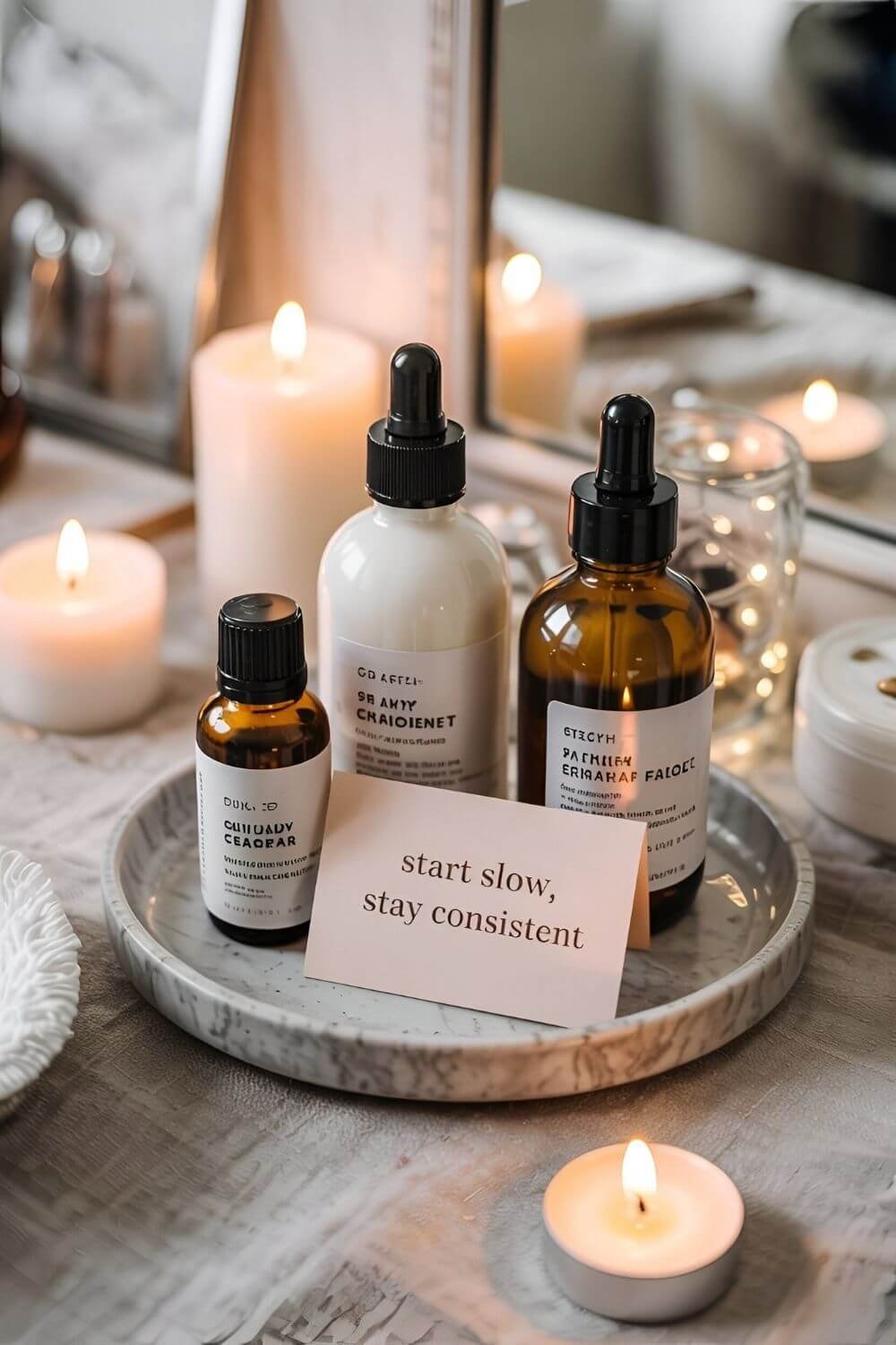 A serene vanity scene with a few essential skincare bottles, candlelight, and a small notecard that says “Start slow, stay consistent.” Warm tones, gentle lighting, intentional mood.