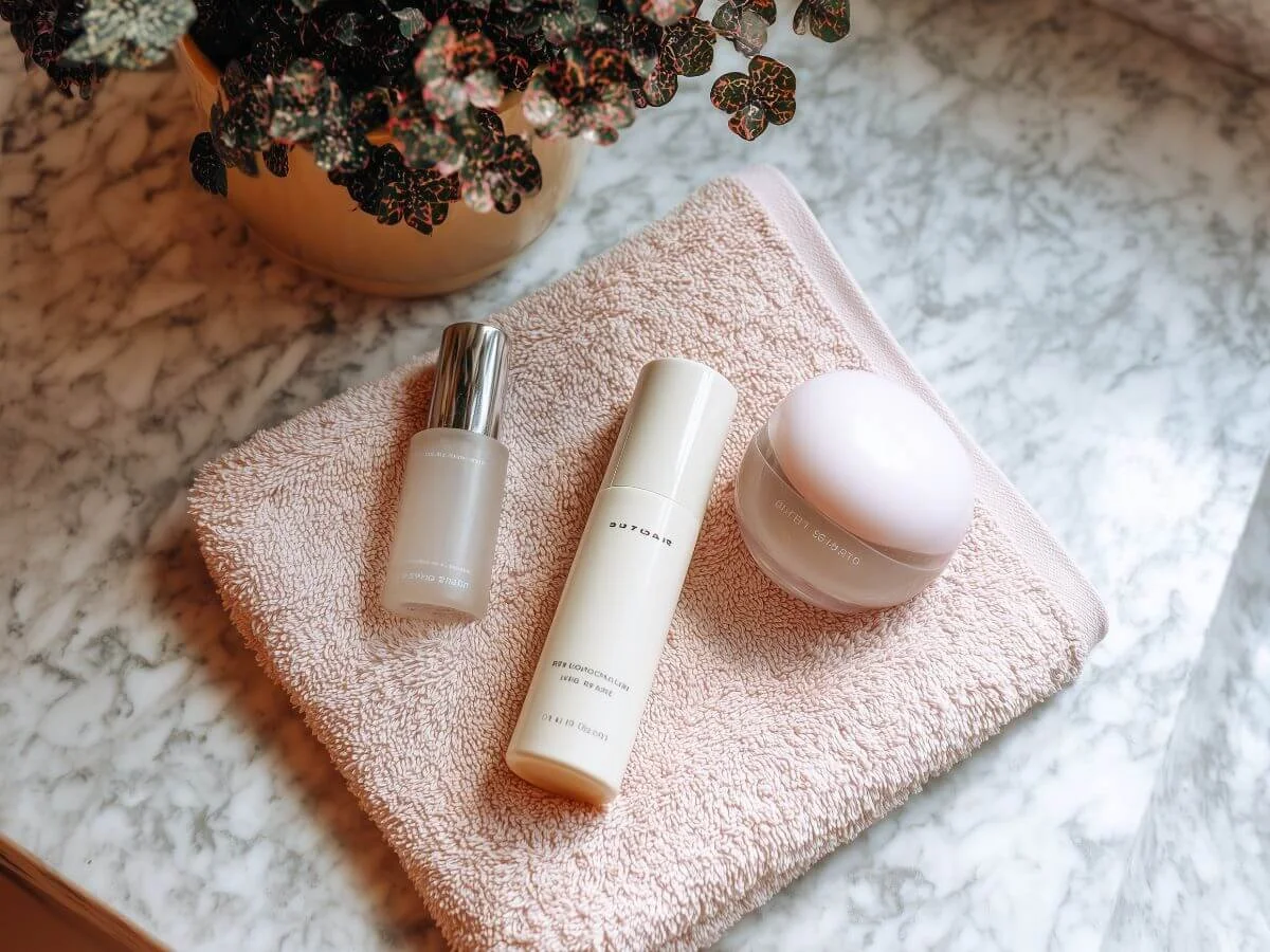 Flat lay of skincare products on a soft pink towel on a marble countertop, with a small plant in the background.