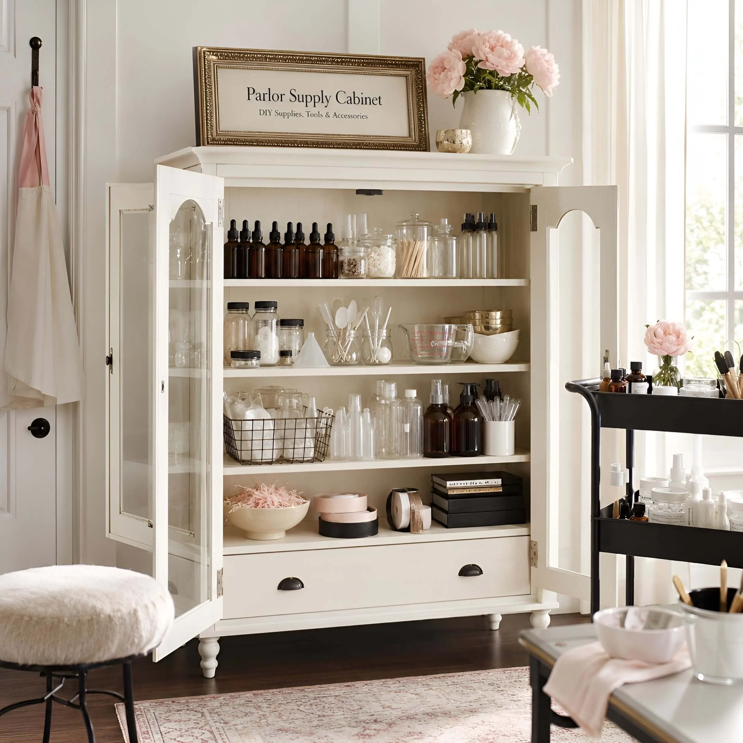 Open cream cabinet neatly organized with bottles, jars, mixing tools, measuring cups, packaging supplies, and accessories for DIY skincare and perfume projects.