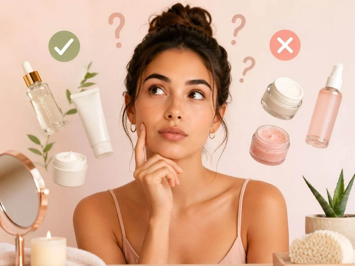 Woman considering skincare products with check, cross, and question symbols.