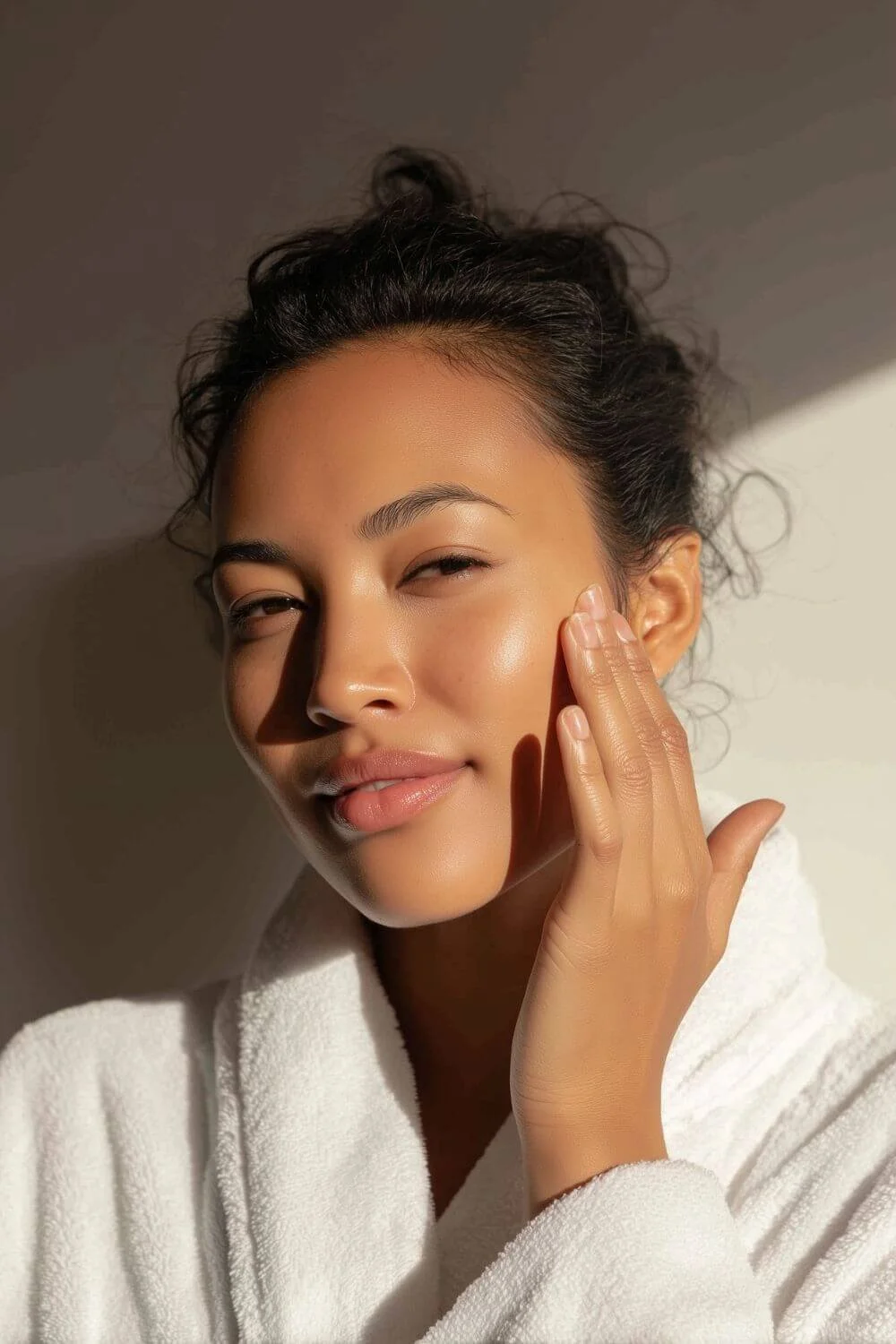 A young woman with smooth skin and dark, wavy hair in a bun, touching her face and smiling slightly in soft, warm lighting.