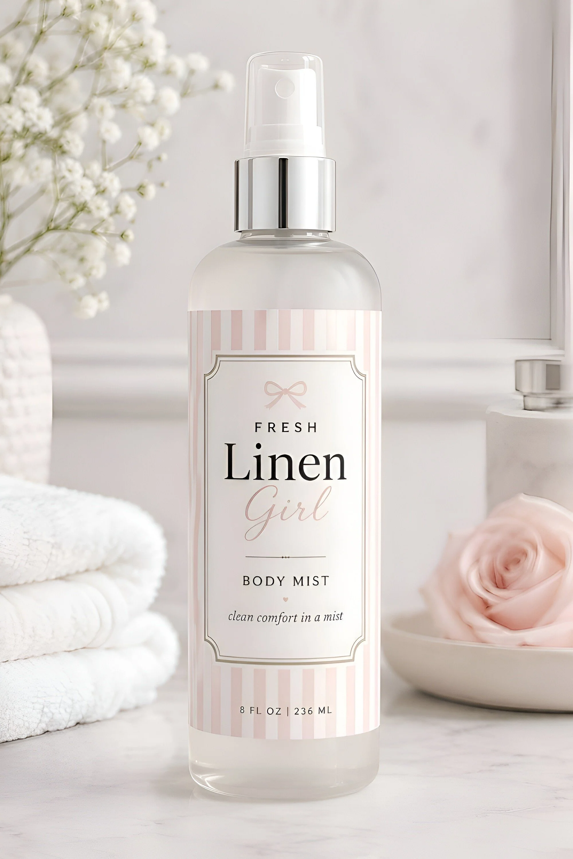 Fresh Linen Girl body mist bottle beside folded towels on marble vanity.