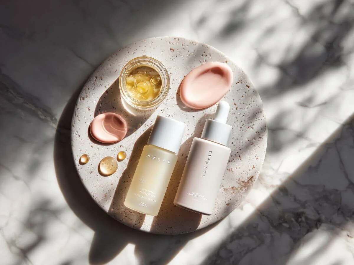 A minimalist editorial flat lay of skincare textures arranged in a circular “barrier” shape — creamy moisturizer swipes, glossy serum drops, and soft tones of ivory and blush on a marble surface. Natural daylight, modern clean beauty aesthetic.