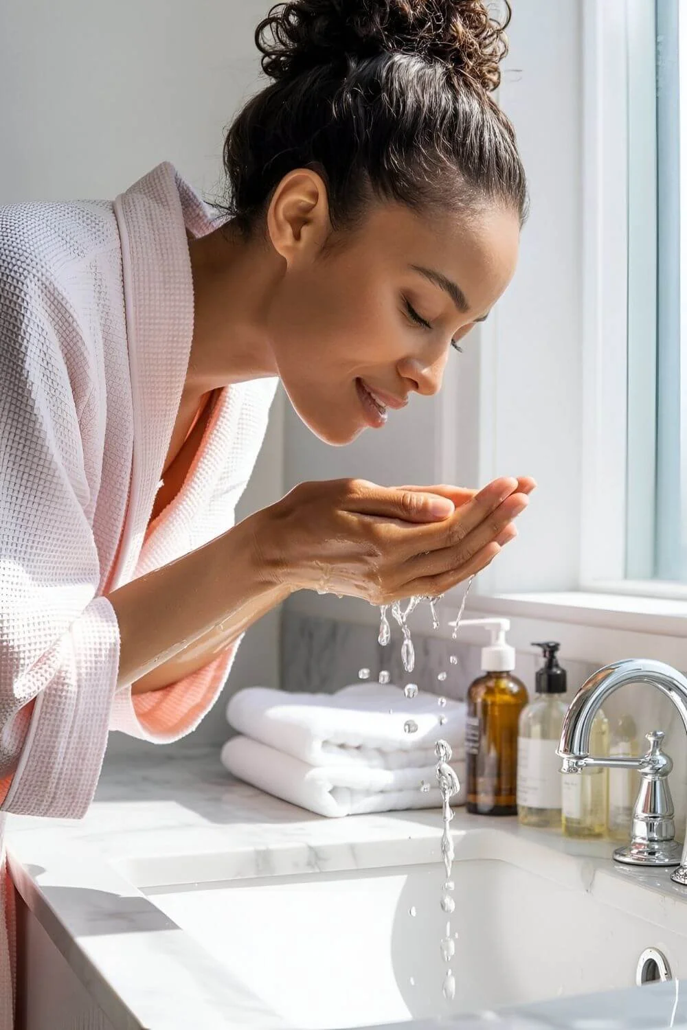 A bright commercial photo of a black american woman washing her face at the sink SHE IS WEARING A PINK BATHROBE— natural light, glass bottles on the counter, clean white towels. Crisp, airy, editorial look inspired by high-end skincare ads.