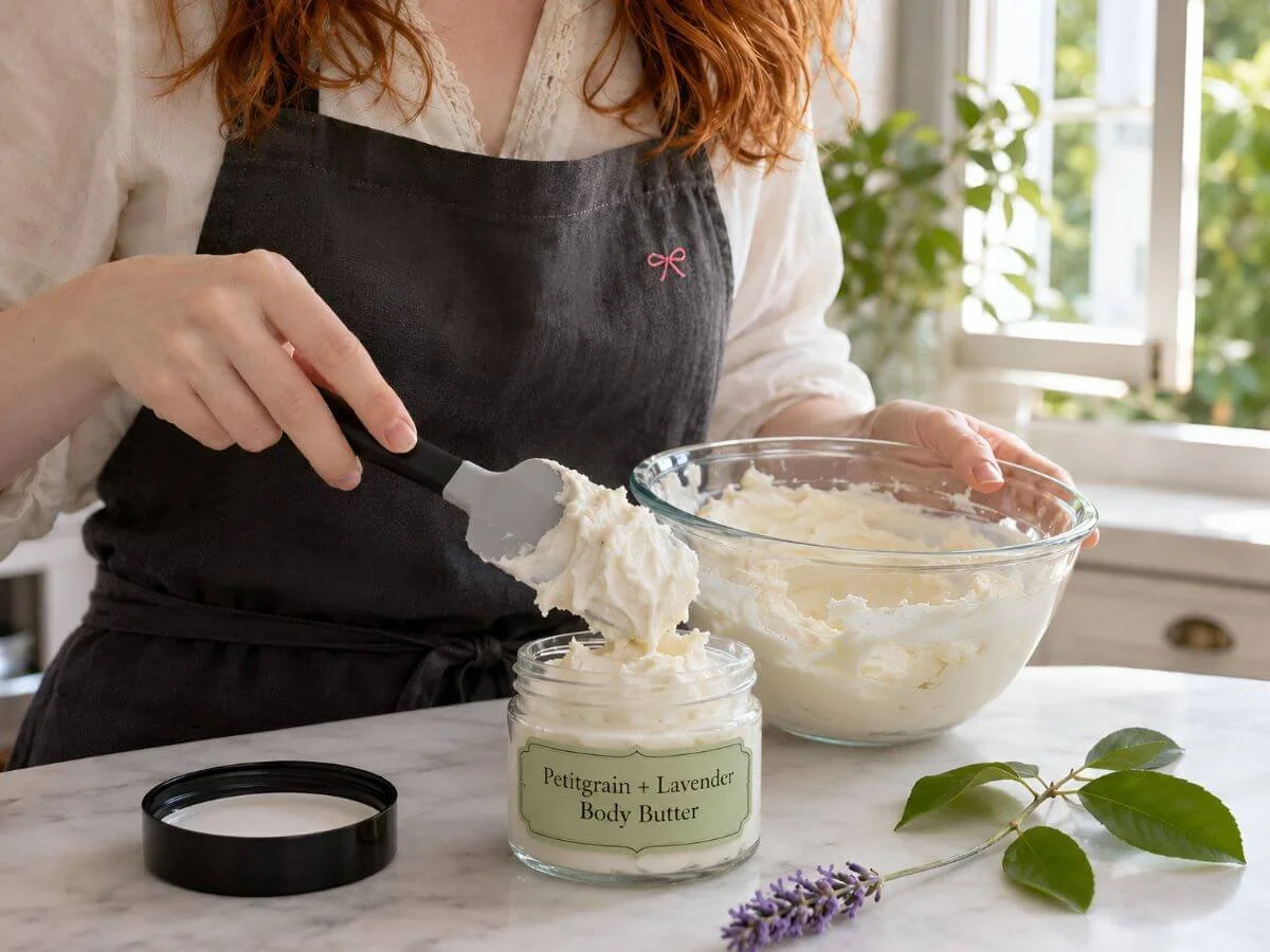 A woman fills a glass jar with freshly whipped Petitgrain + Lavender Body Butter using a spatula in a bright home kitchen. A mixing bowl of creamy body butter, lavender sprig, and fresh green leaves sit beside the finished homemade skincare product.